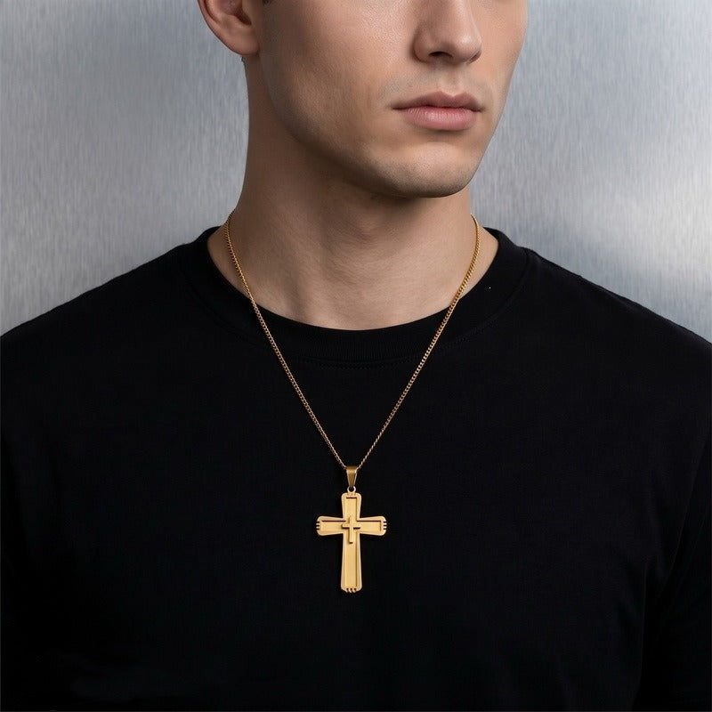 Kemston Double Layer Cross Pendant Necklace for Men Stainless Steel Inset Cross Design KP119384-KL