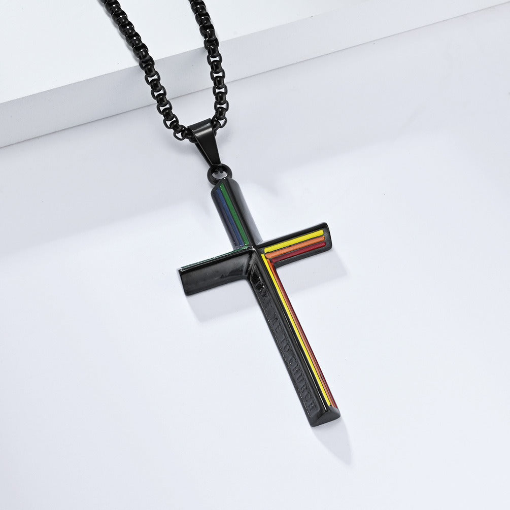 Kemstone Stainless Steel Rainbow Line Cross Pendant Necklace for Men Women K-PT524