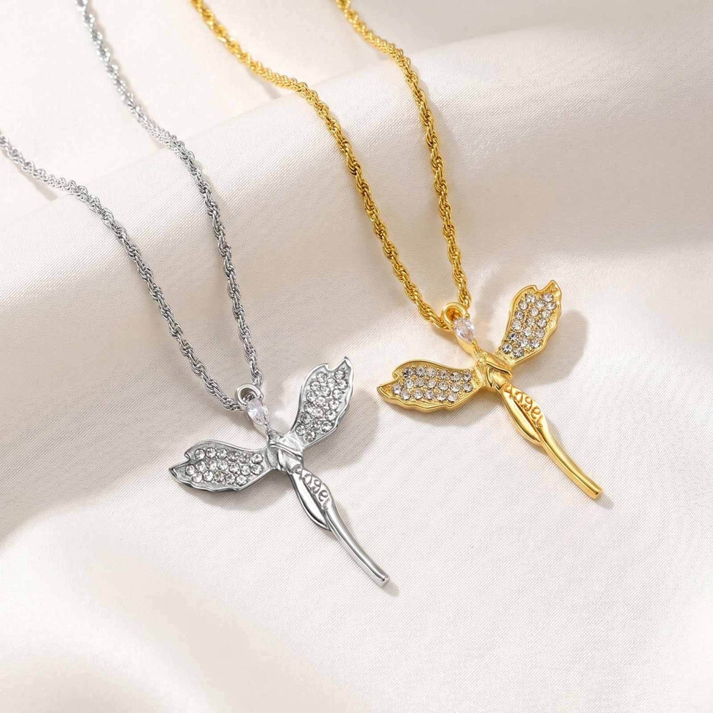 Kemston Stainless Steel Angel Wing Cross Pendant Necklace for Men Women PN-2404