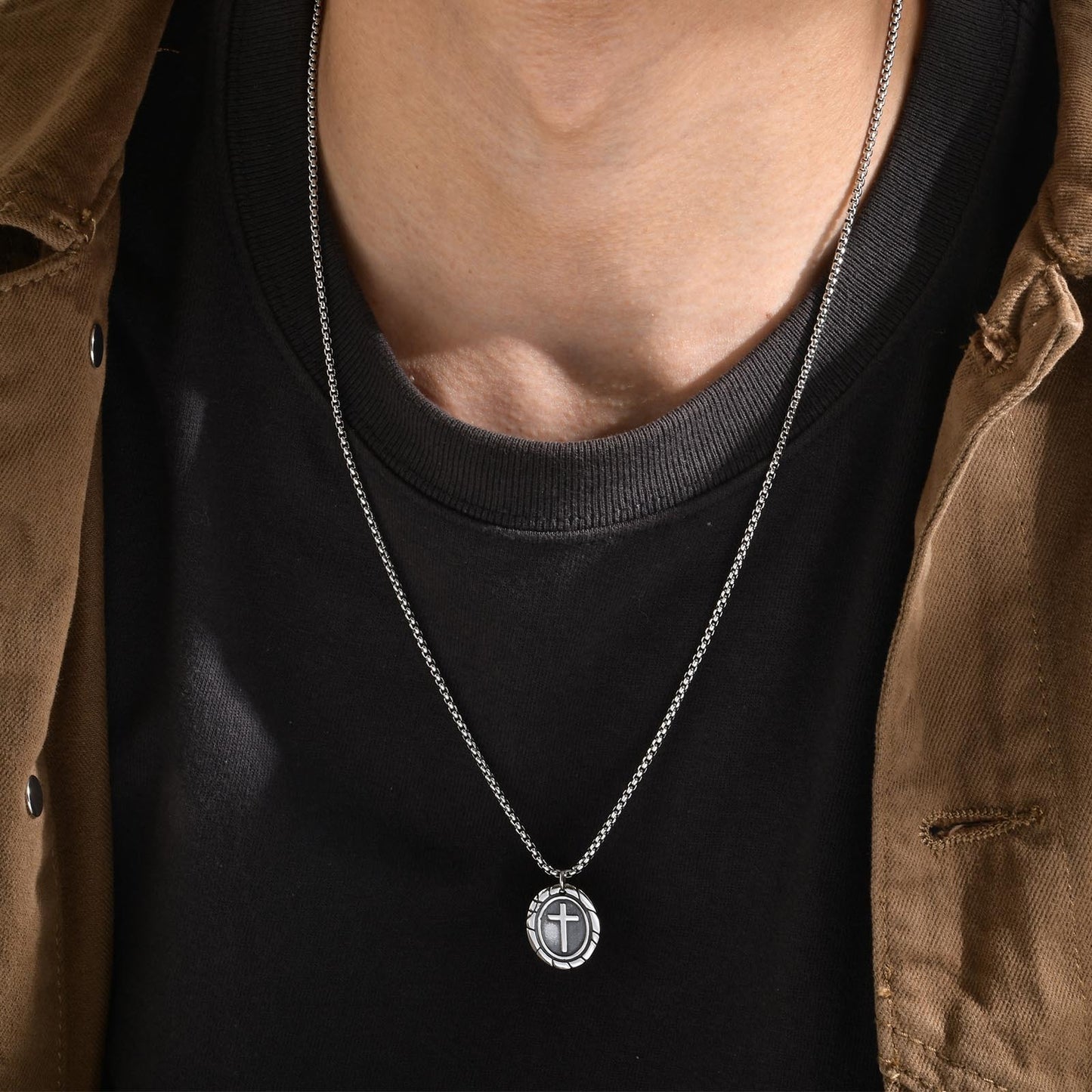 Kemstone Stainless Steel Double-Sided Cross Oval Pendant Necklace for Men PN-1808