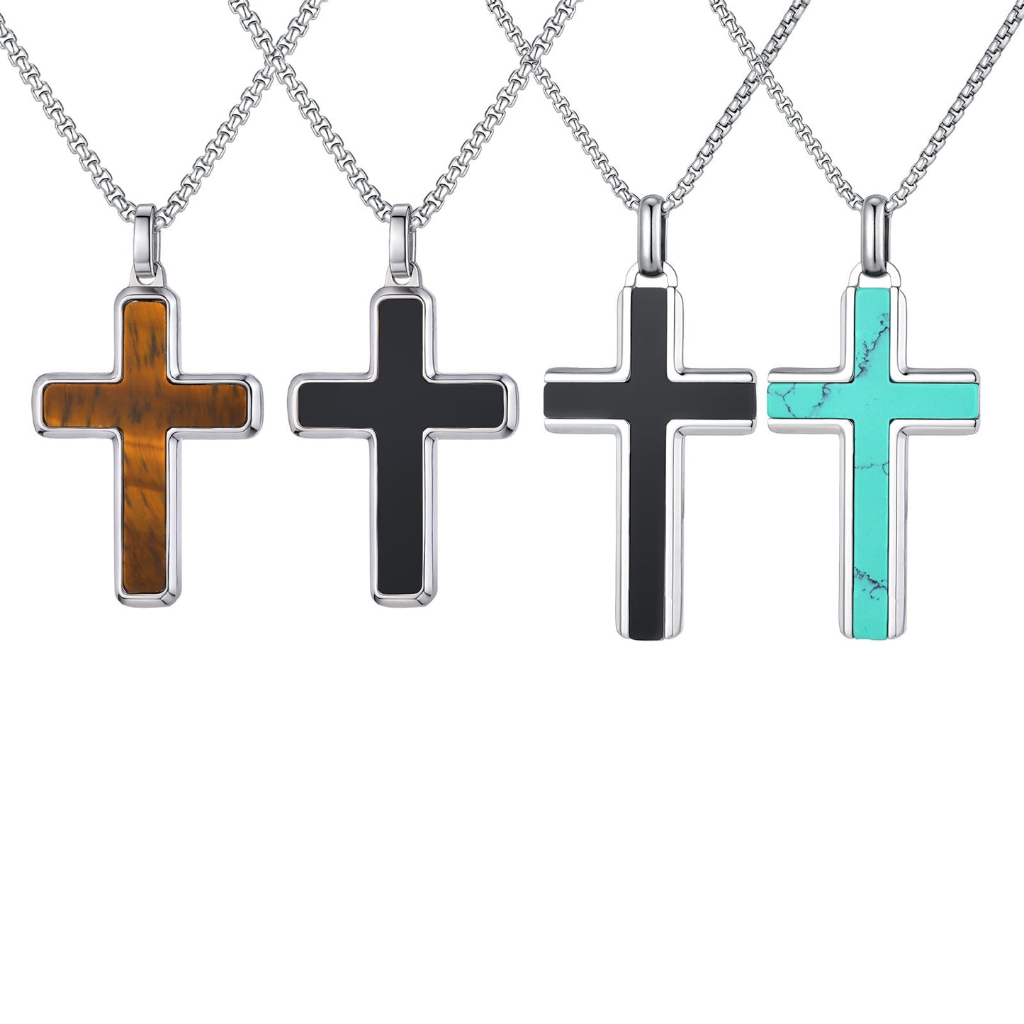 Kemstone Stainless Steel Cross Pendant Necklace – Tiger Eye & Turquoise Inlay for Men PN-2224
