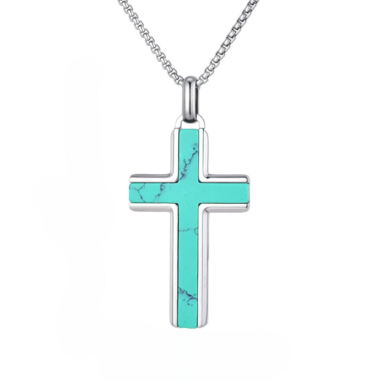 Kemstone Stainless Steel Cross Pendant Necklace – Tiger Eye & Turquoise Inlay for Men PN-2224