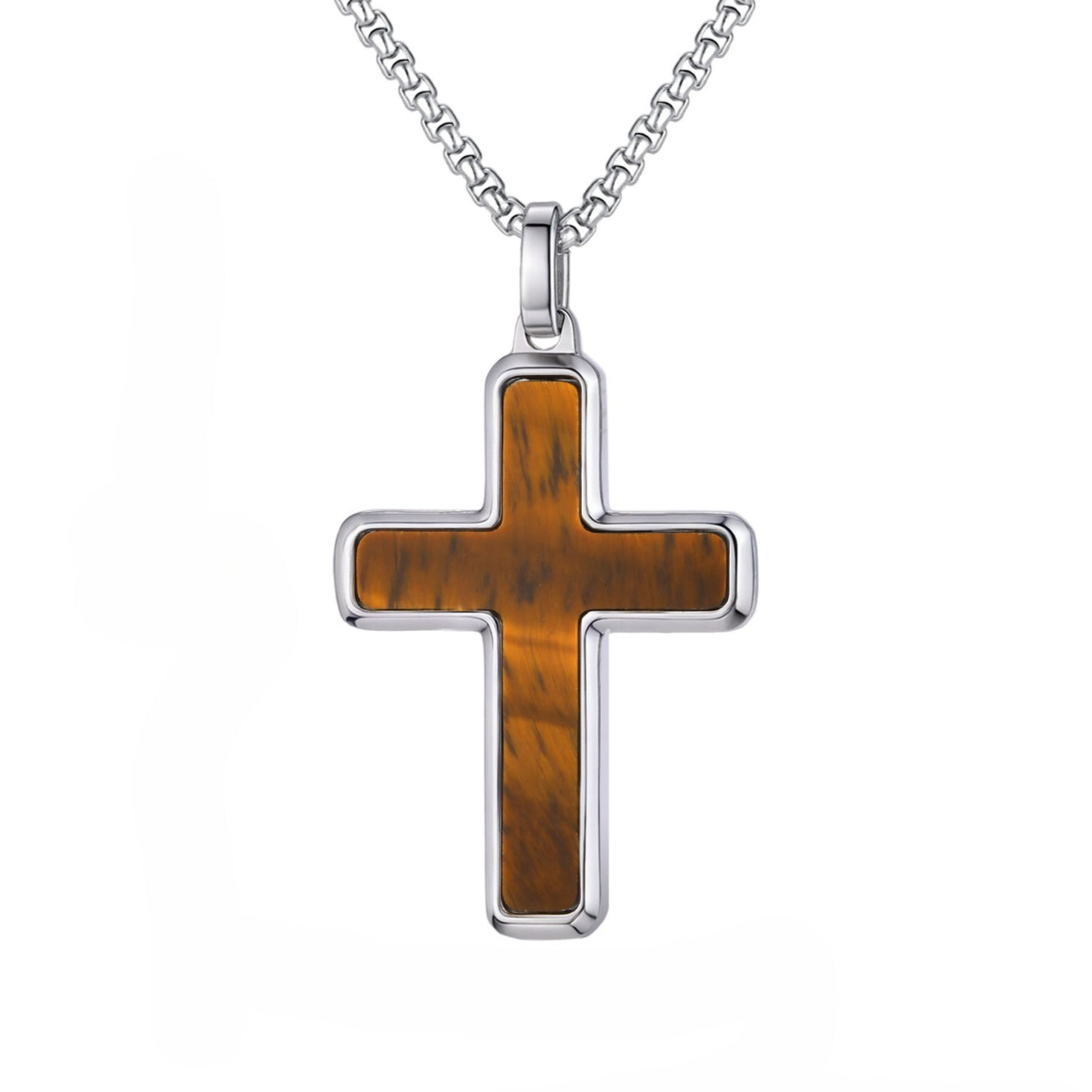 Kemstone Stainless Steel Cross Pendant Necklace – Tiger Eye & Turquoise Inlay for Men PN-2224