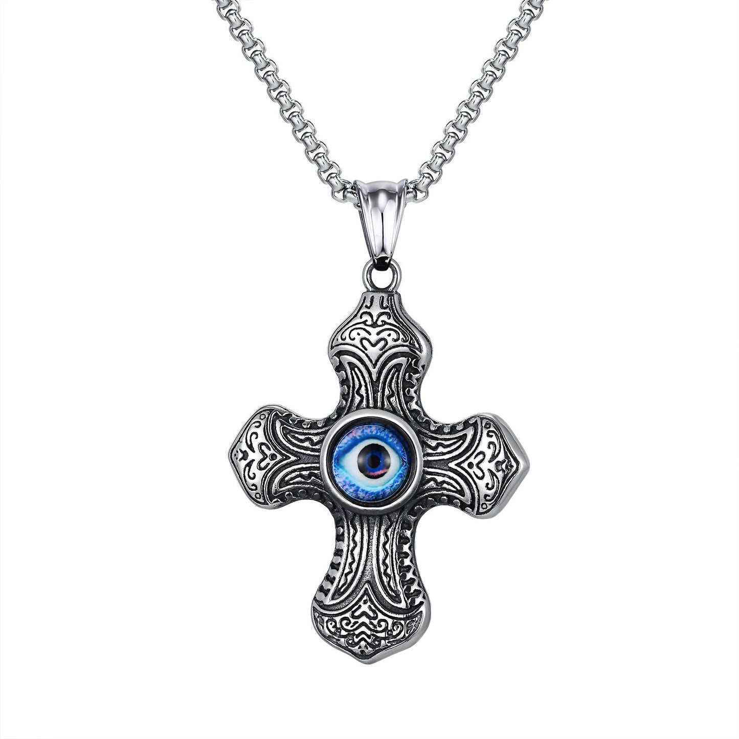 Kemstone Stainless Steel Cross Pendant Necklace – Blue Symbol Detail for Men PN-2150