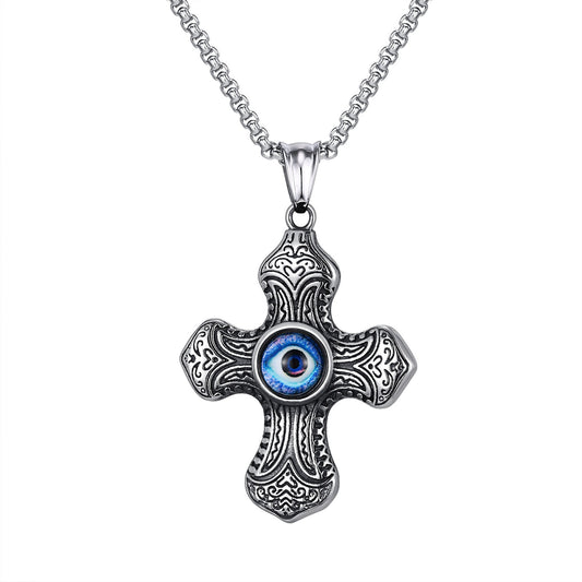 Kemstone Stainless Steel Cross Pendant Necklace – Blue Symbol Detail for Men PN-2150