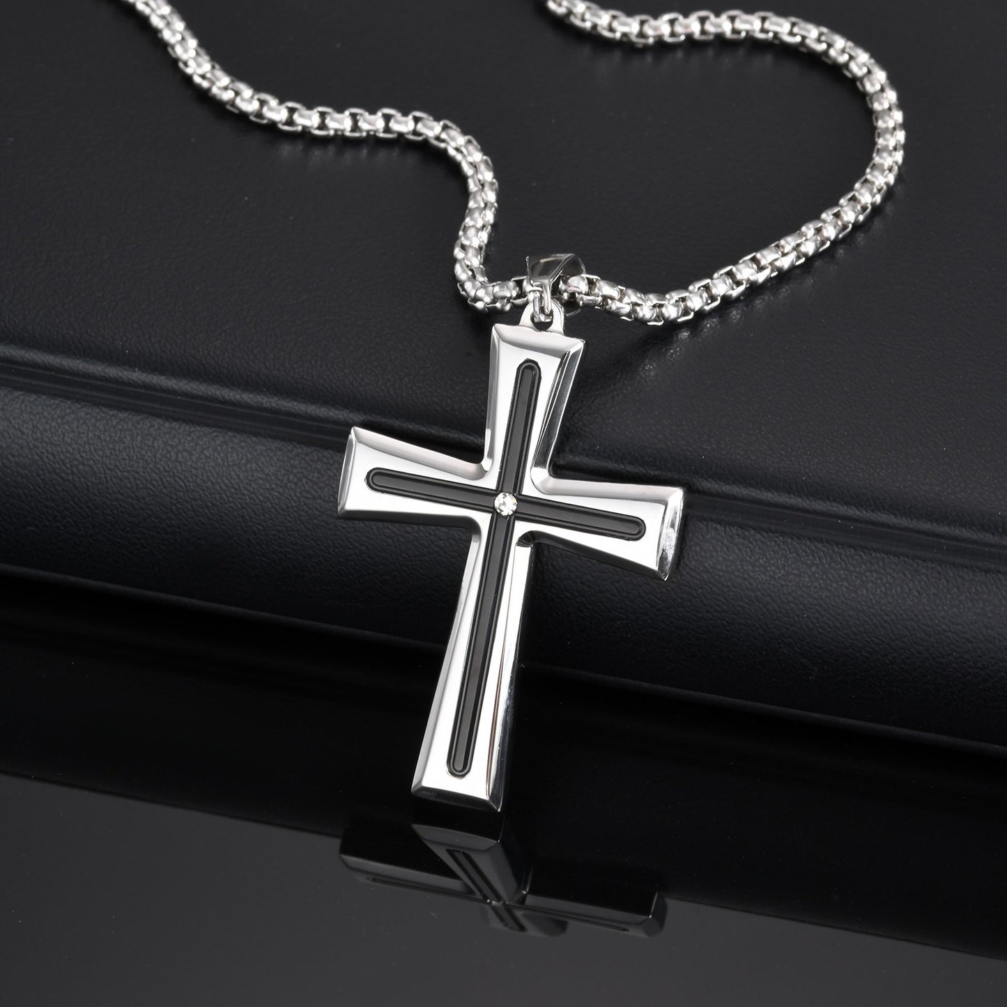 Kemstone Stainless Steel Cross Pendant Necklace for Men Cubic Zirconia Silver PN-2113