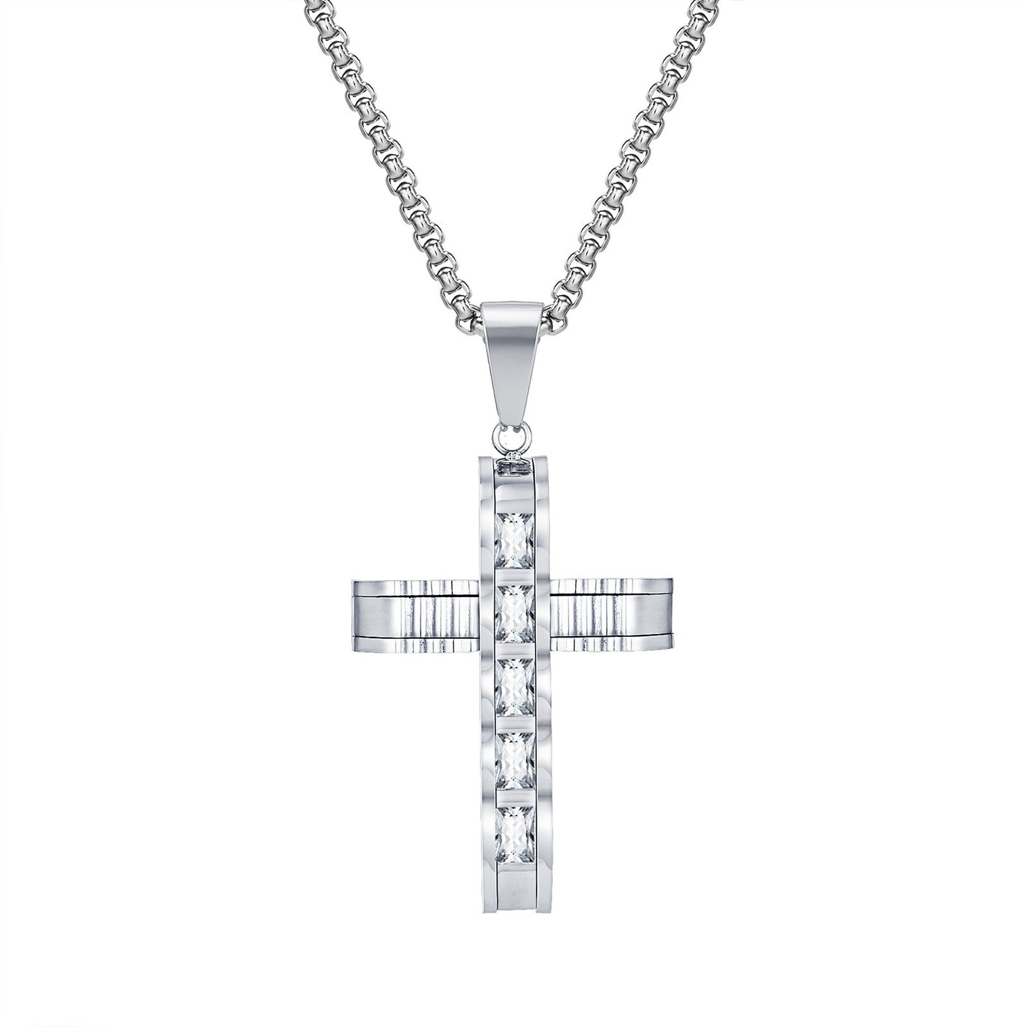 Kemstone Stainless Steel Cross Pendant Necklace for Men Square Cubic Zirconia Silver PN2058