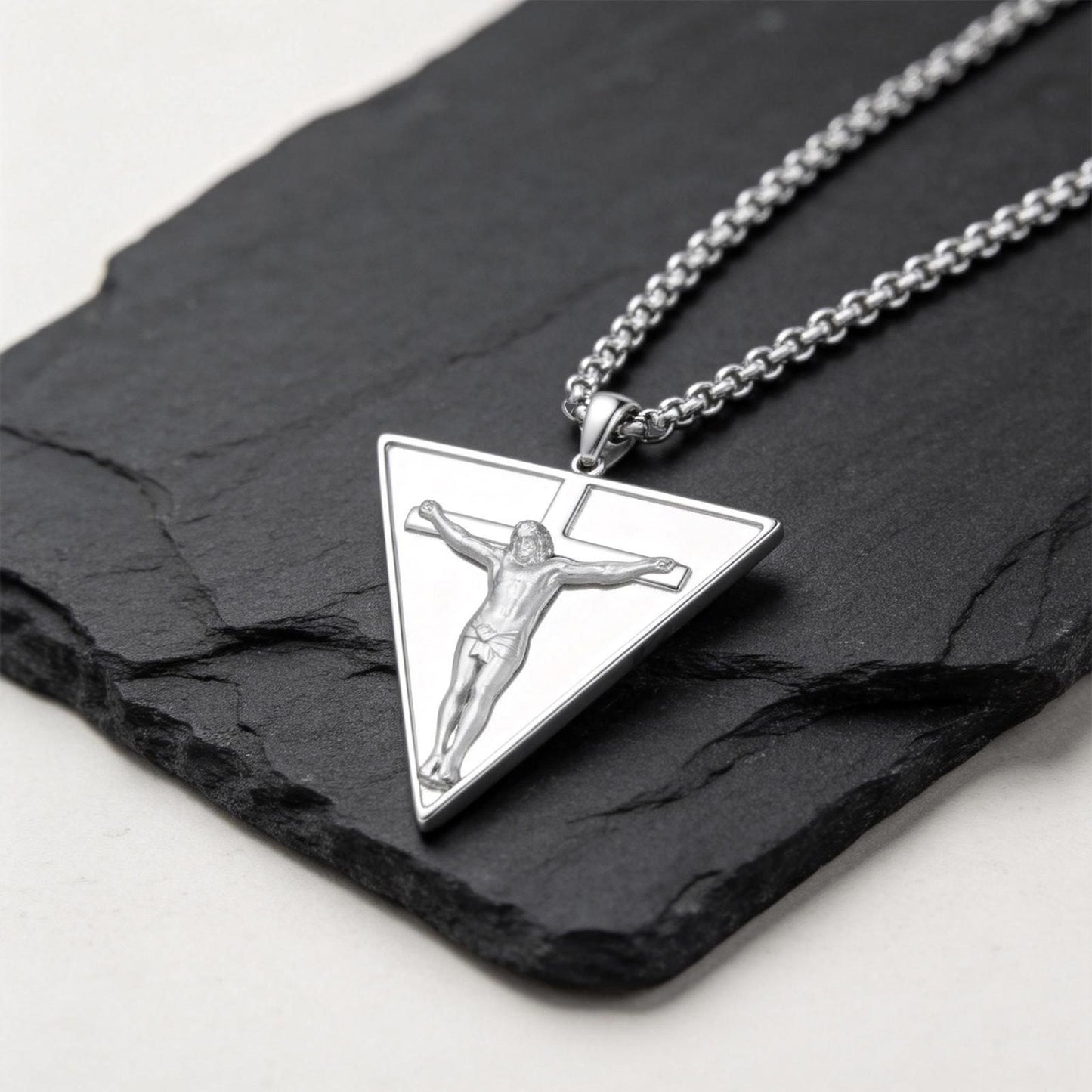 Kemstone Triangle Cross Pendant Necklace Stainless Steel Punk Style for Men Silver PN-2349S