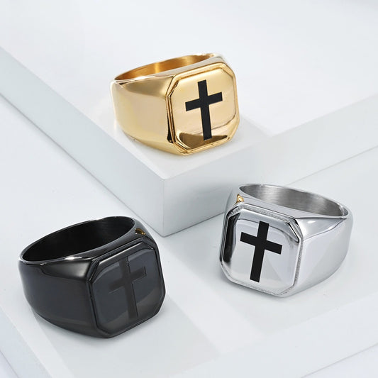 Kemstone Men’s Stainless Steel Cross Ring – Square Face Minimalist Band K-R1050