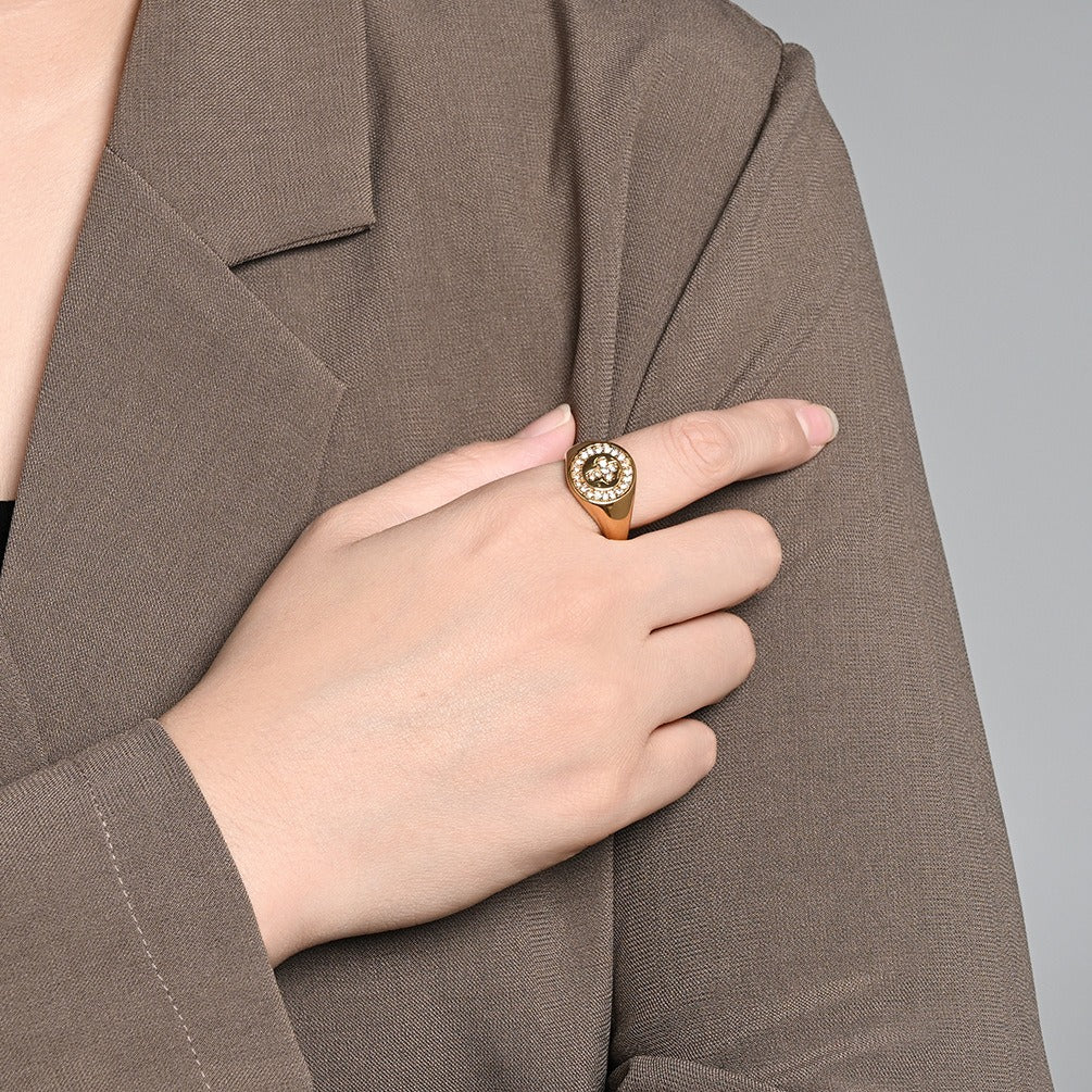 Kemstone Stainless Steel Cross Signet Ring with Cubic Zirconia Halo for Men & Women Gold Silver K-R1139