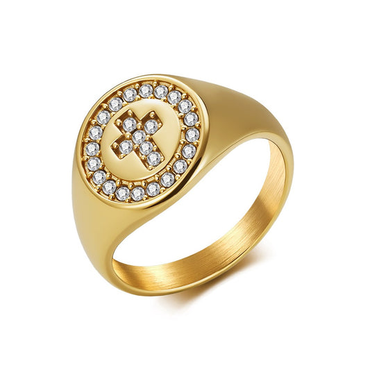 Kemstone Stainless Steel Cross Signet Ring with Cubic Zirconia Halo for Men & Women Gold Silver K-R1139