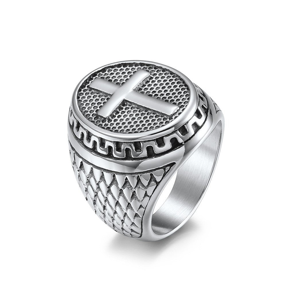 Kemstone Stainless Steel Cross Signet Ring – Engraved Vintage Surface K-R650