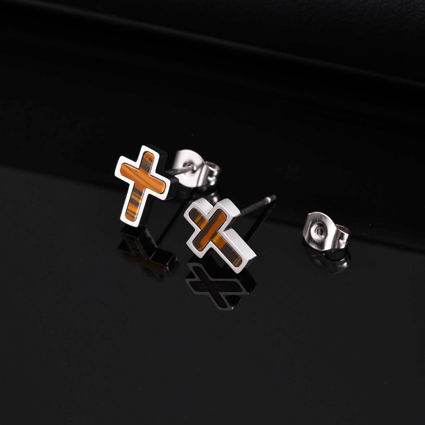 Kemstone Stainless Steel Tiger Eye Cross Stud Earrings for Men ES-642