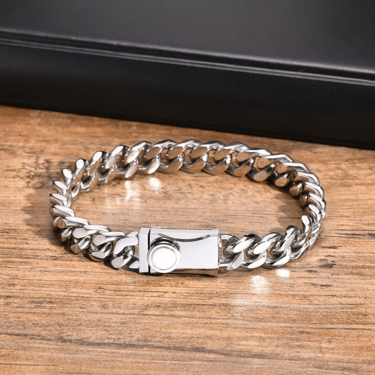 Kemstone Stainless Steel Cuban Link Bracelet for Men Button Clasp Silver BR-2141S