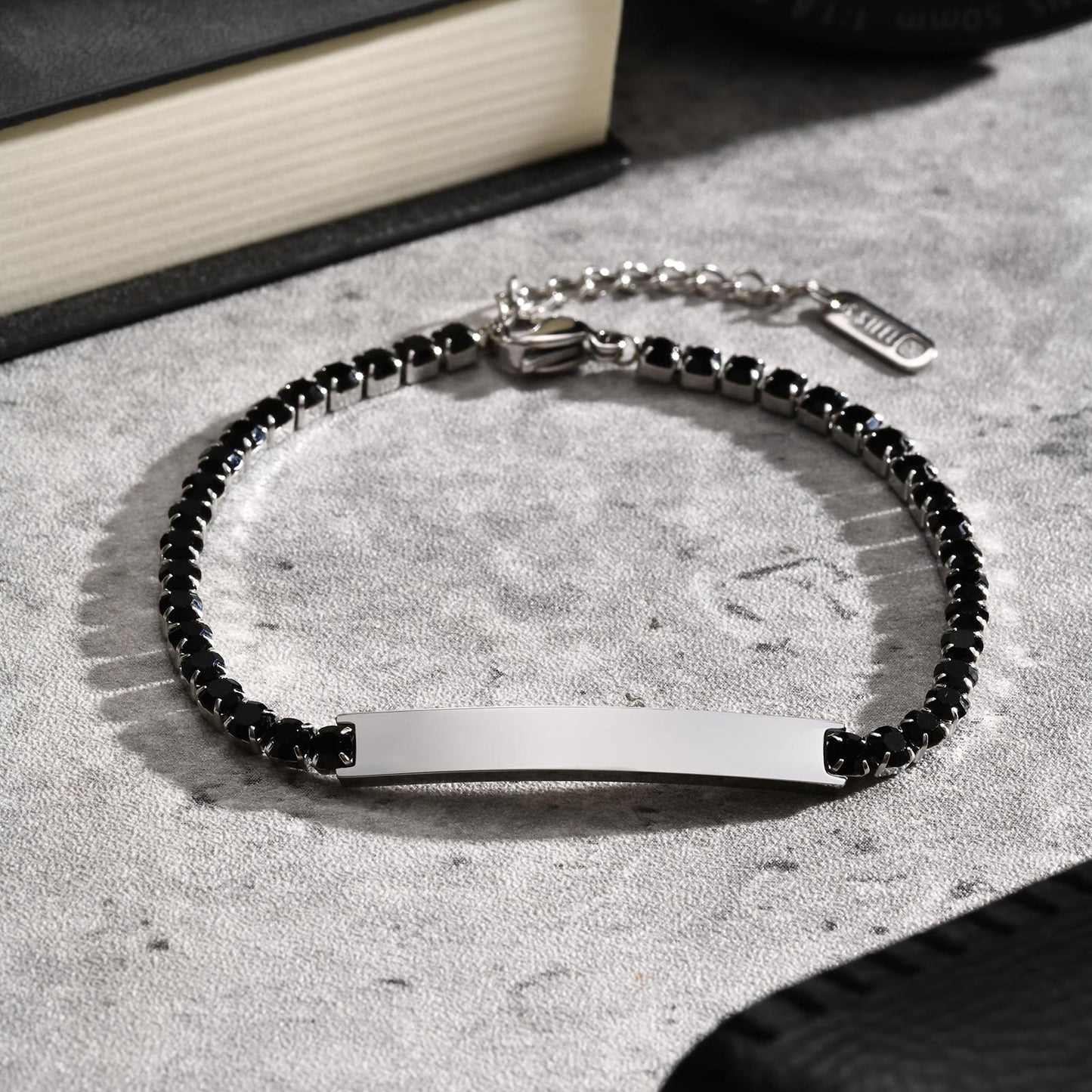 Kemstone Stainless Steel ID Bracelet – Black Cubic Zirconia Accent for Men BR-2709