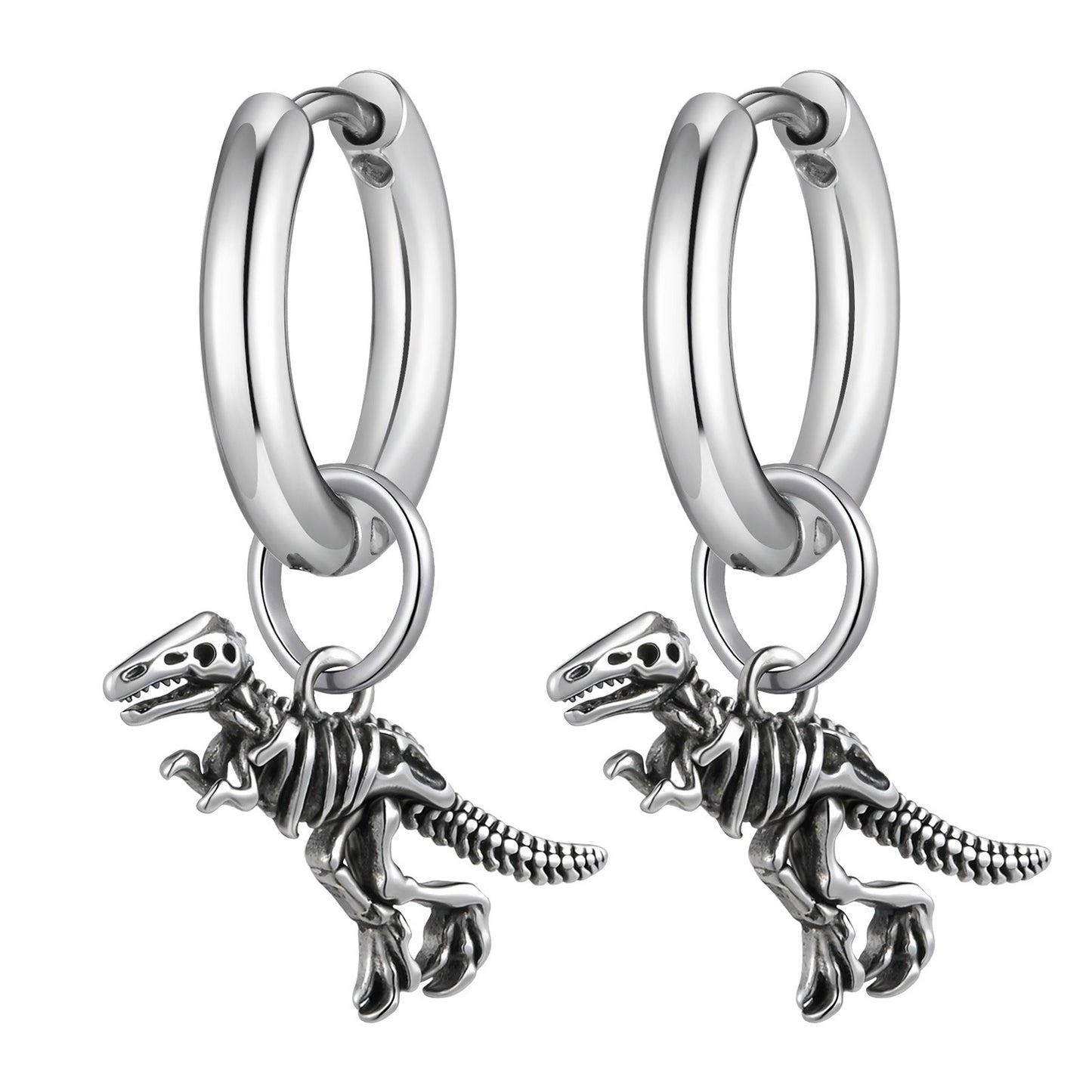 Stainless Steel Dinosaur Skeleton Hoop Earring for Men – Black Drop Charm ED-868
