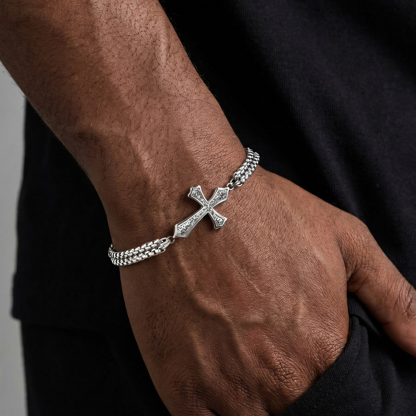 Kemstone Dual Chain Cross Bracelet for Men Stainless Steel Minimal Hip Hop Layered Wristwear BR3122