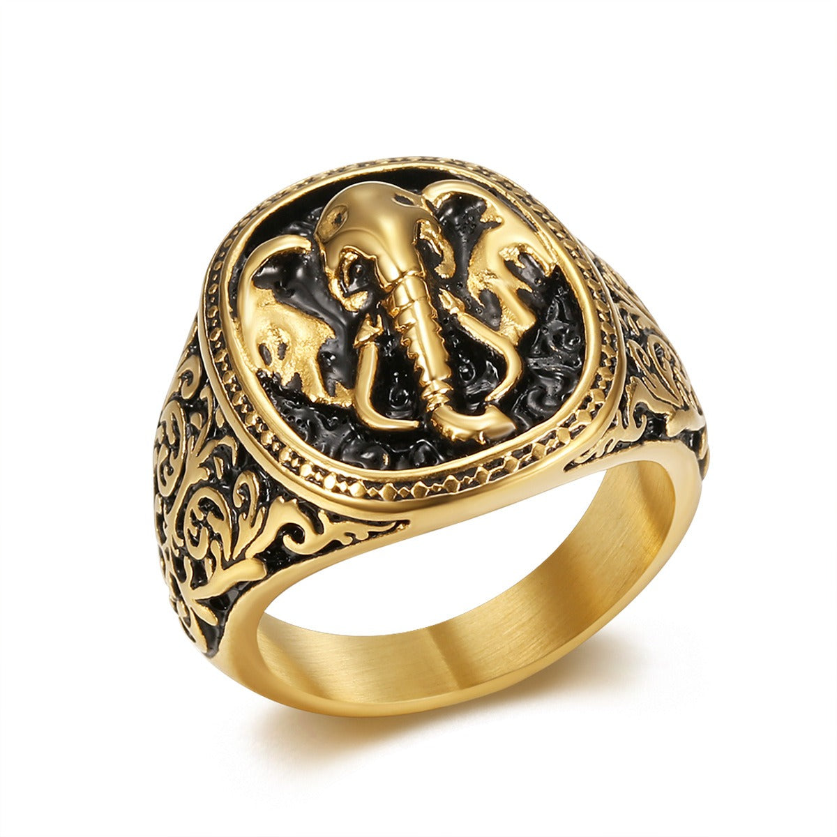 Kemstone Elephant Signet Ring for Men Stainless Steel Vintage Engraved TR0398