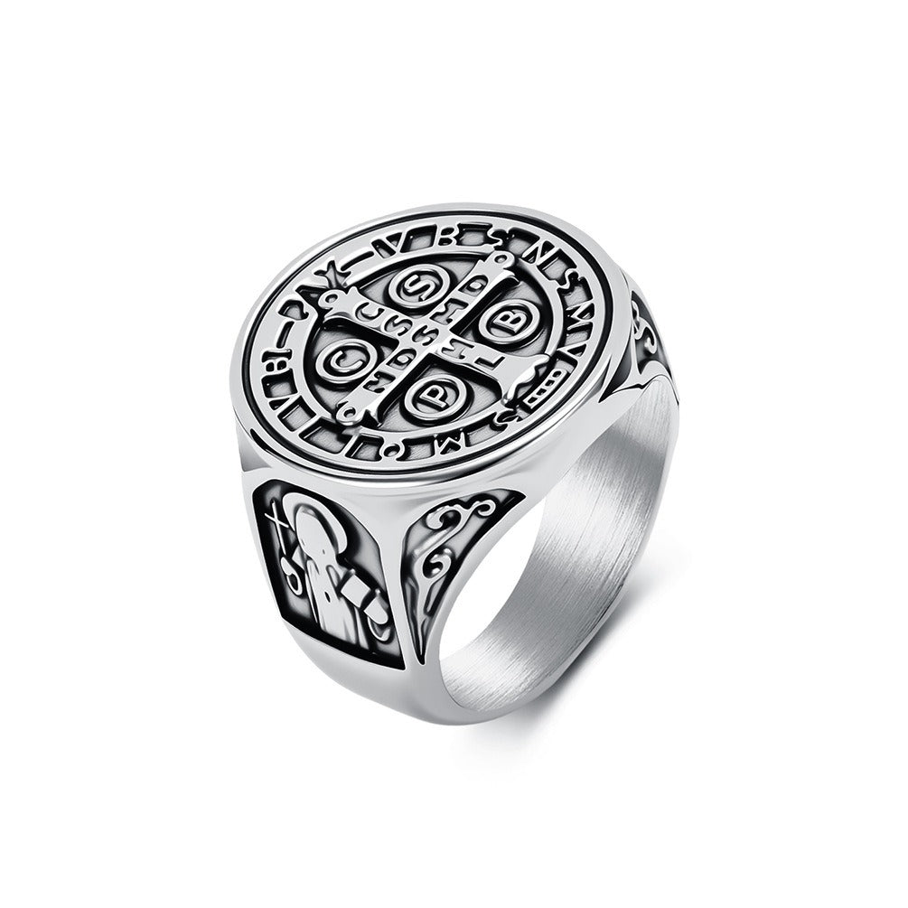 Kemstone Stainless Steel Cross Medallion Ring for Men Vintage Engraved Coin Signet Seal Symbol Silver Gold Black K-R1143
