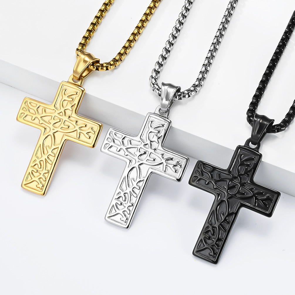 Kemstone Stainless Steel Cross Pendant Necklace for Men Vintage Engraved Tree of Life Lightweight K-PT725