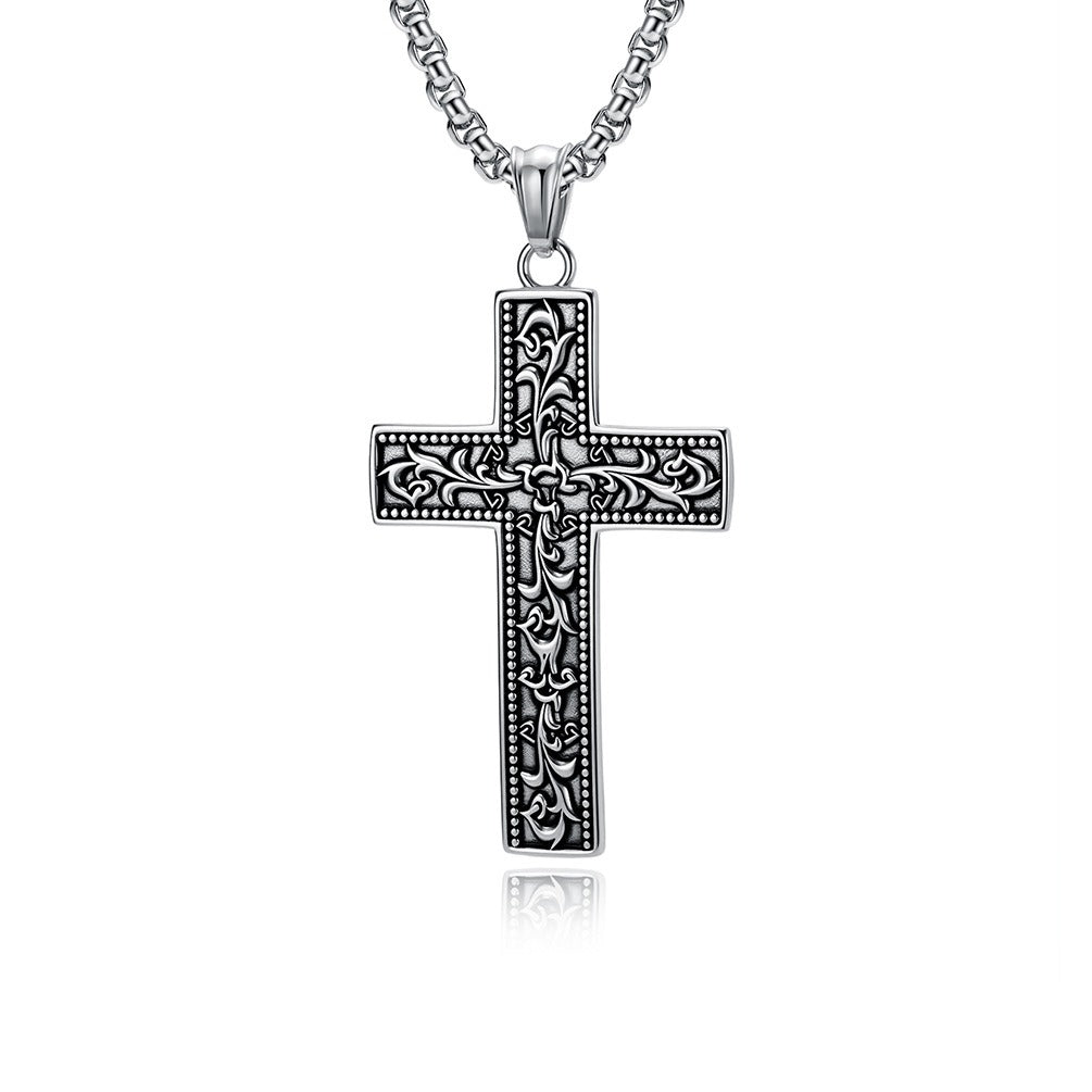 Kemstone Vintage Floral Engraved Cross Stainless Steel Pendant Necklace for Men K-PT703