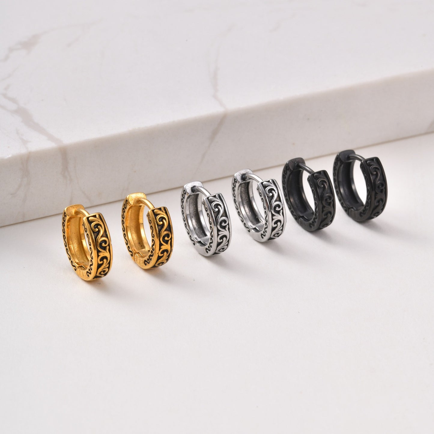 Kemstone Stainless Steel Engraved Hoop Earring for Men Women Vintage EH-839
