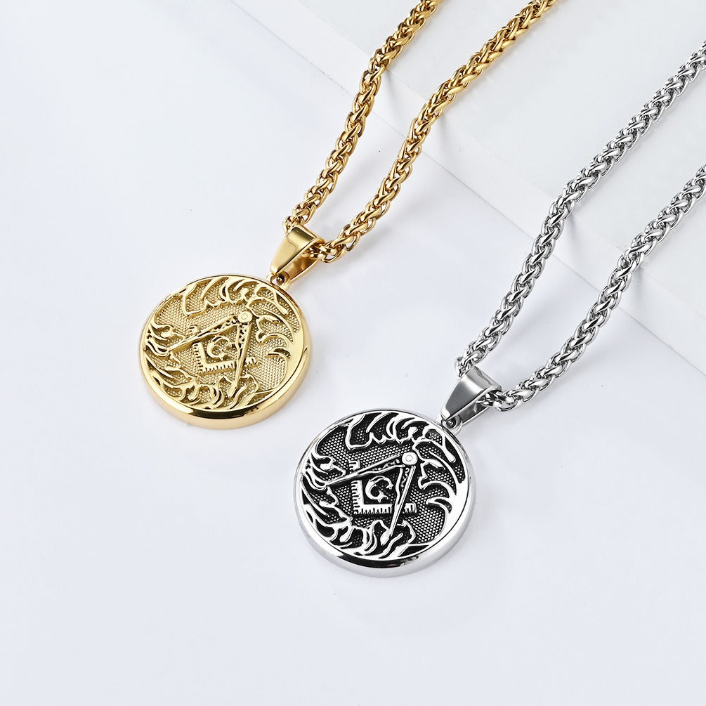 Kemstone Men’s Stainless Steel Necklace – Vintage Masonic-Style Round Pendant K-PT564
