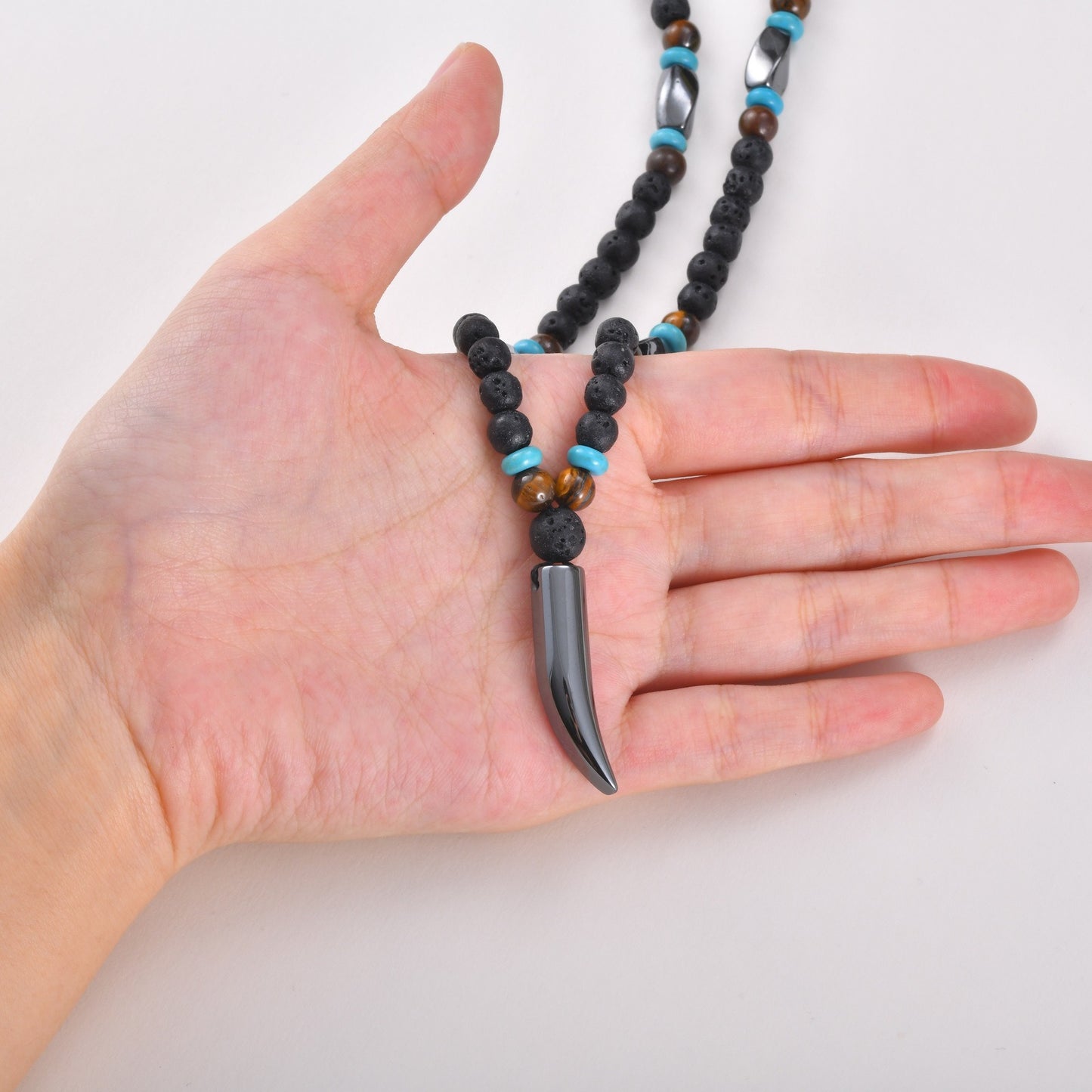 Kemston Wolf Fang Pendant Necklace for Men Stainless Steel Lava Stone Beaded NC-3019