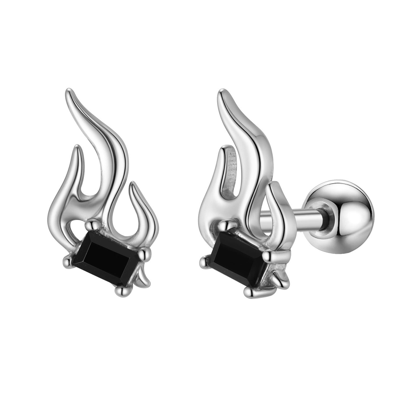Kemstone Stainless Steel Flame Stud Earring with Black Cubic Zirconia for Men & Women ES-787S