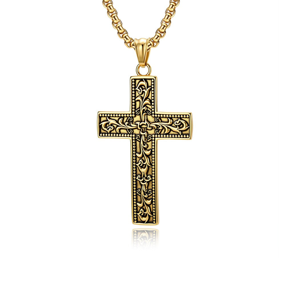 Kemstone Vintage Floral Engraved Cross Stainless Steel Pendant Necklace for Men K-PT703