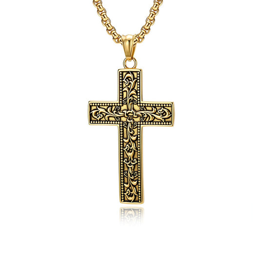 Kemstone Vintage Floral Engraved Cross Stainless Steel Pendant Necklace for Men K-PT703
