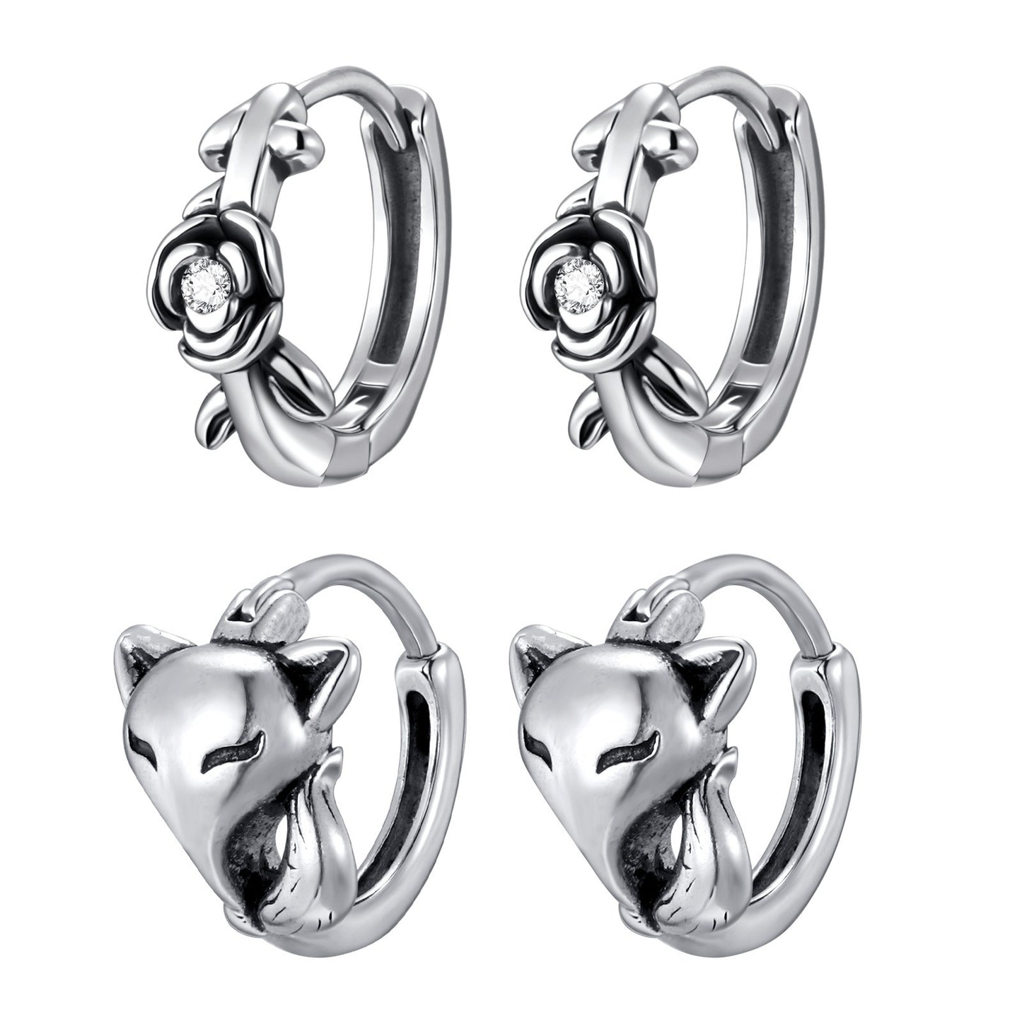 Kemstone Stainless Steel Fox Hoop Earring – Cubic Zirconia Rose Detail for Men & Women EH-821