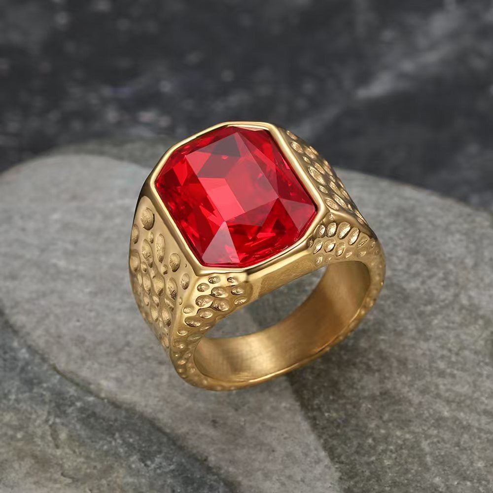 Kemstone Men’s Stainless Steel Hip Hop Ring – Gold Crystal Band TR0505