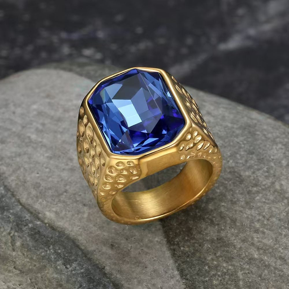 Kemstone Men’s Stainless Steel Hip Hop Ring – Gold Crystal Band TR0505