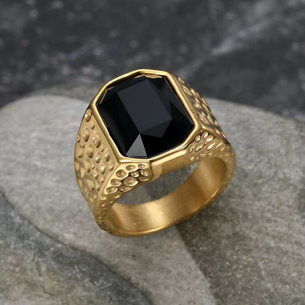 Kemstone Men’s Stainless Steel Hip Hop Ring – Gold Crystal Band TR0505