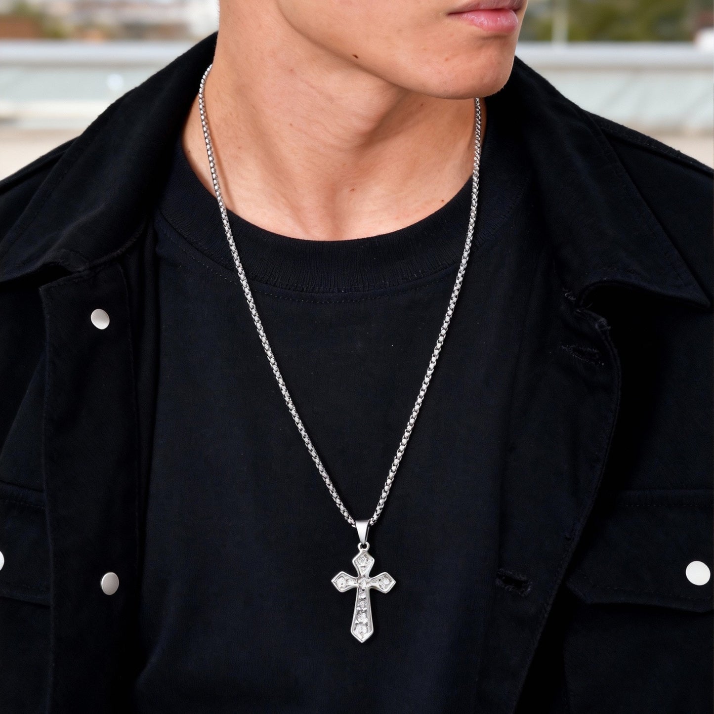 Kemstone Cross Pendant Necklace for Men Gold Plated Stainless Steel Cubic Zirconia Vintage Chain PN-2288