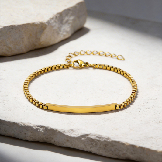 Kemstone Stainless Steel Gold Plated ID Plate Bracelet for Men & Women – Minimal Curved Bar CB-225