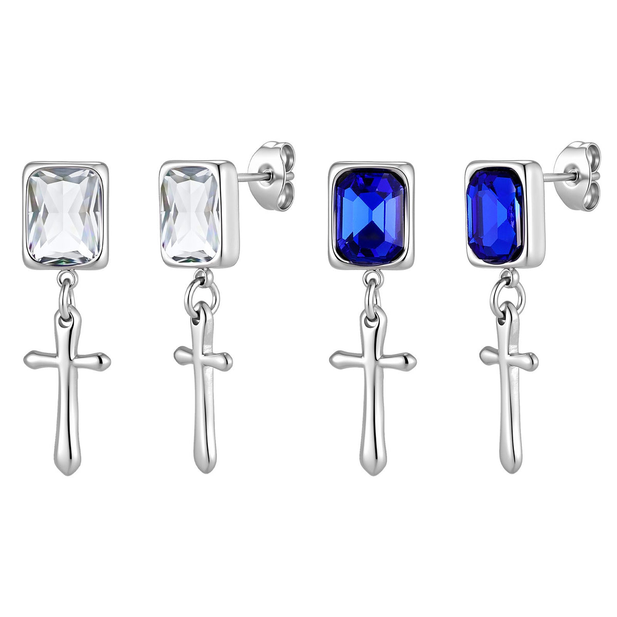 Kemstone Blue Crystal Cross Earring for Men Stainless Steel ED-1148