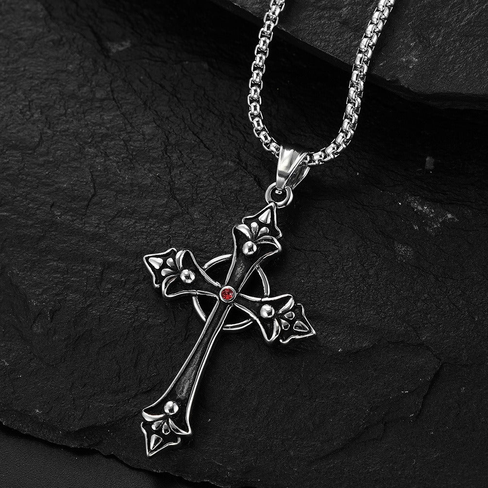 Kemstone Stainless Steel Red Cubic Zirconia Cross Pendant Necklace for Men Vintage Silver K-PT396