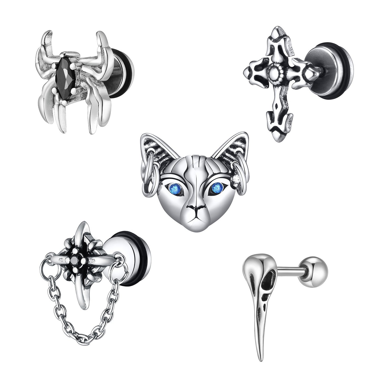 Kemstone Stainless Steel Gothic Stud Earring – Cross Cat Spider Symbol ES-512