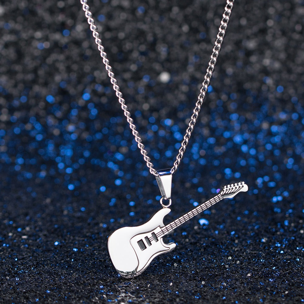 Kemstone Stainless Steel Electric Guitar Pendant Necklace for Men – 60cm Chain, Silver Gold Black K-PT147
