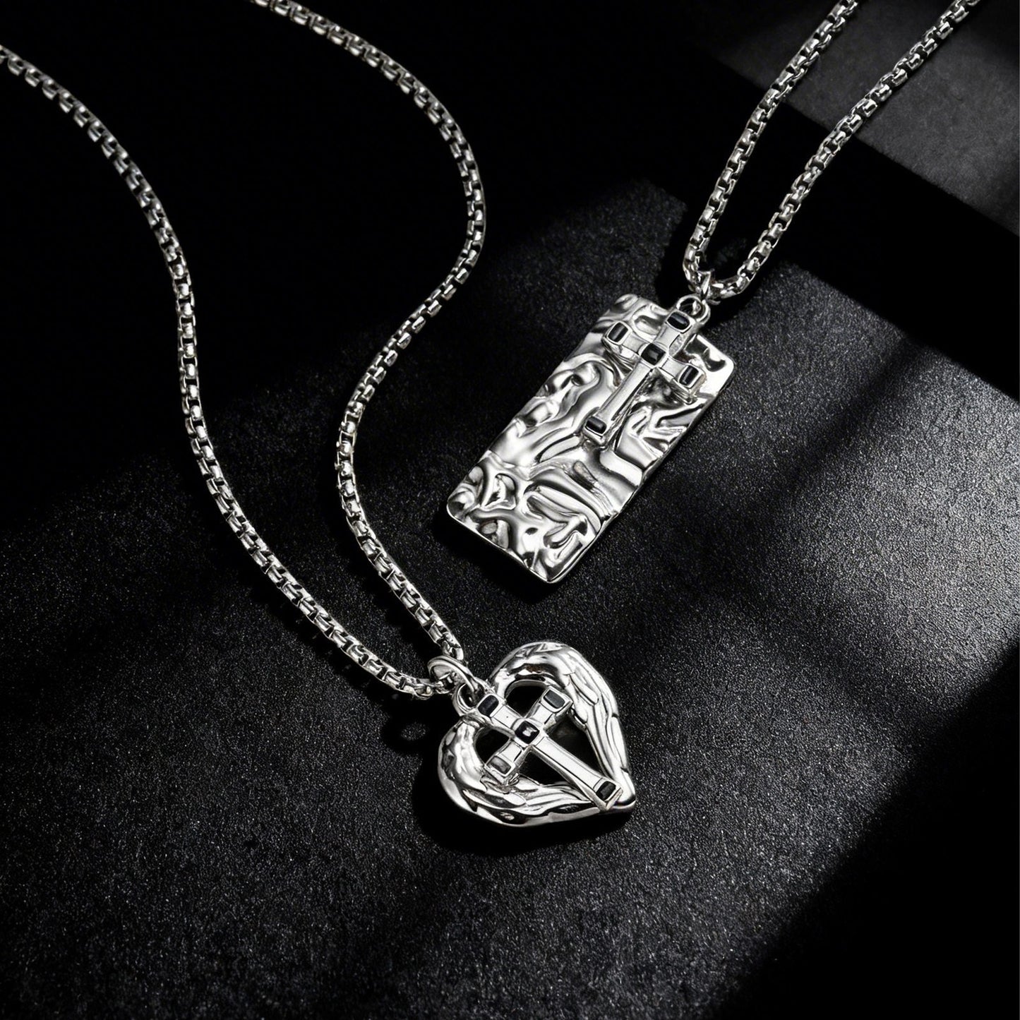 Kemstone Stainless Steel Cross Pendant Necklace for Men Women Textured Heart PN-2275