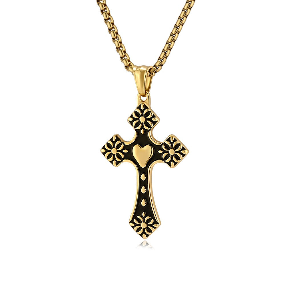 Kemstone Stainless Steel Heart Cross Pendant Necklace for Men Vintage Black Silver K-PT568