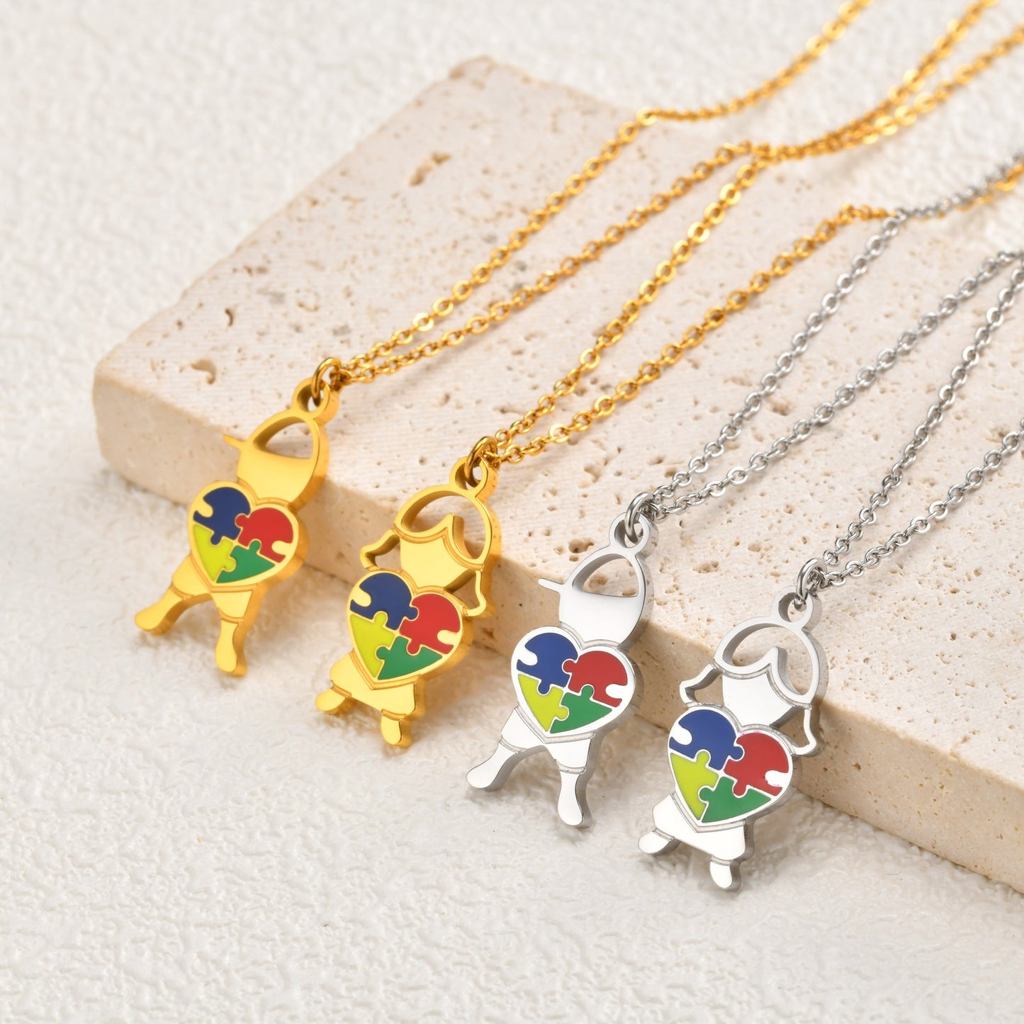 Kemstone Stainless Steel Puzzle Heart Pendant Necklace Colorful Enamel for Men Women NC-2257