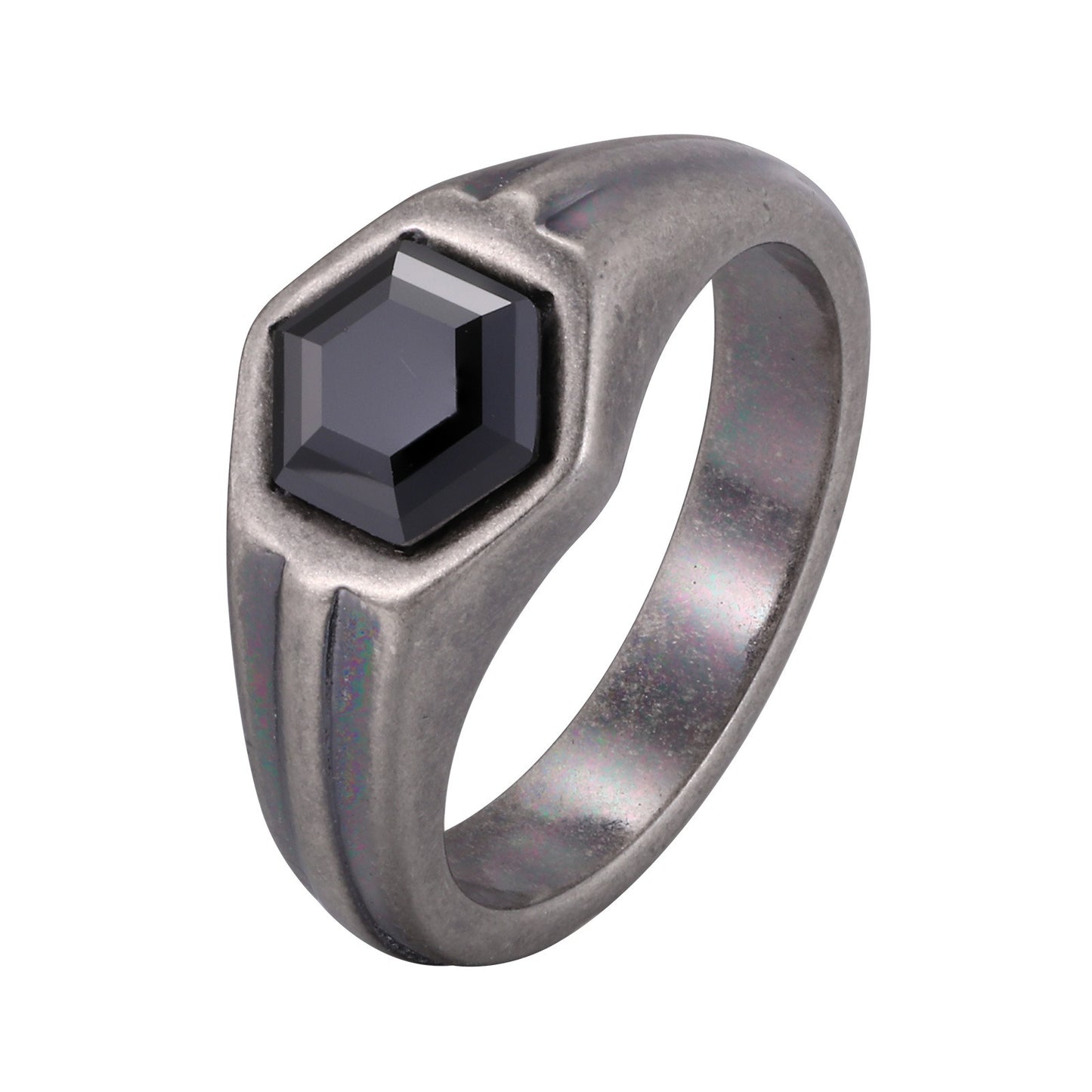Kemstone Stainless Steel Hexagon Cubic Zirconia Signet Ring for Men Vintage Silver RC-985