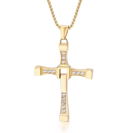 Kemstone Stainless Steel Hollow Moving Cross Pendant Necklace for Men Cubic Zirconia Inlay KP40312-K
