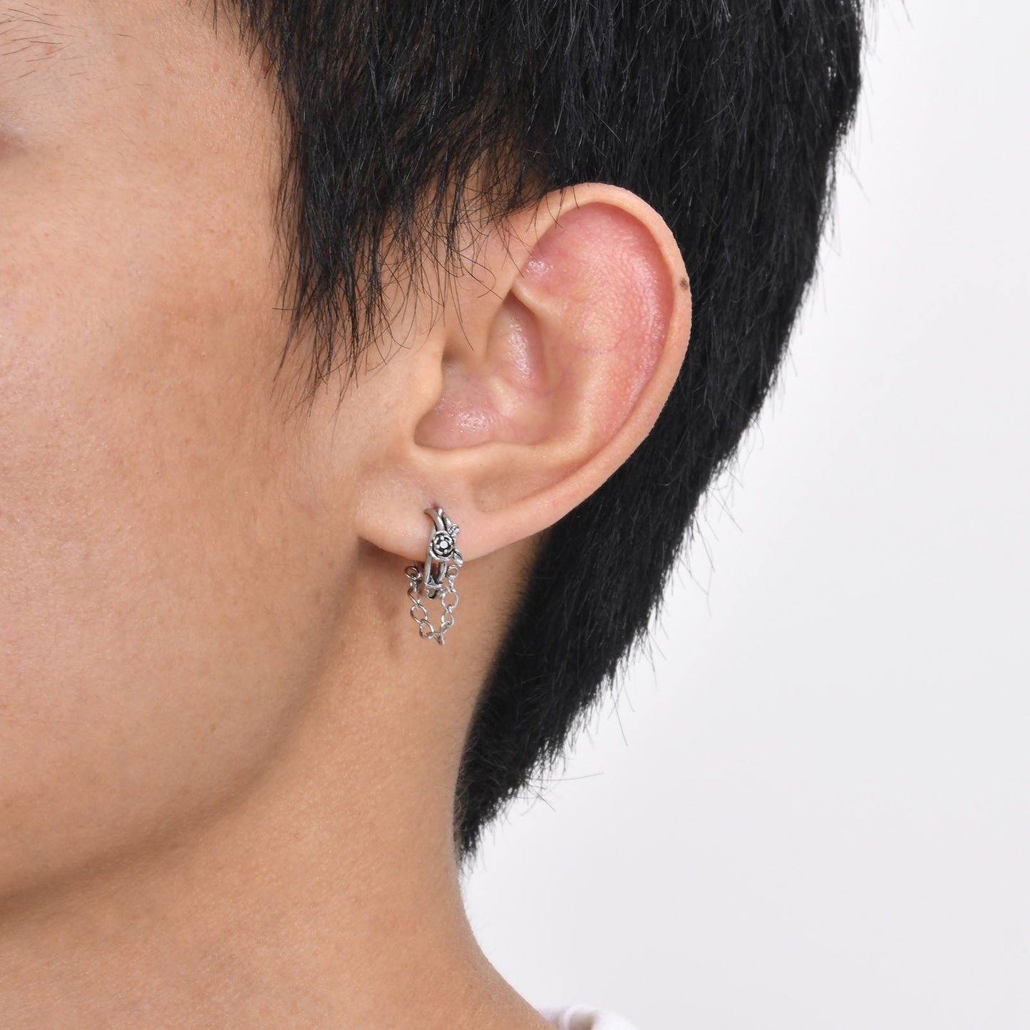 Kemstone Stainless Steel Rose Chain Hoop Earring – Black Cubic Zirconia Detail for Men EH-686