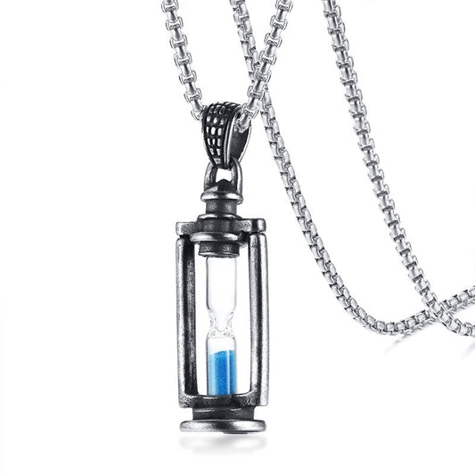 Kemstone Stainless Steel Hourglass Pendant Necklace for Men Vintage Silver PN1097