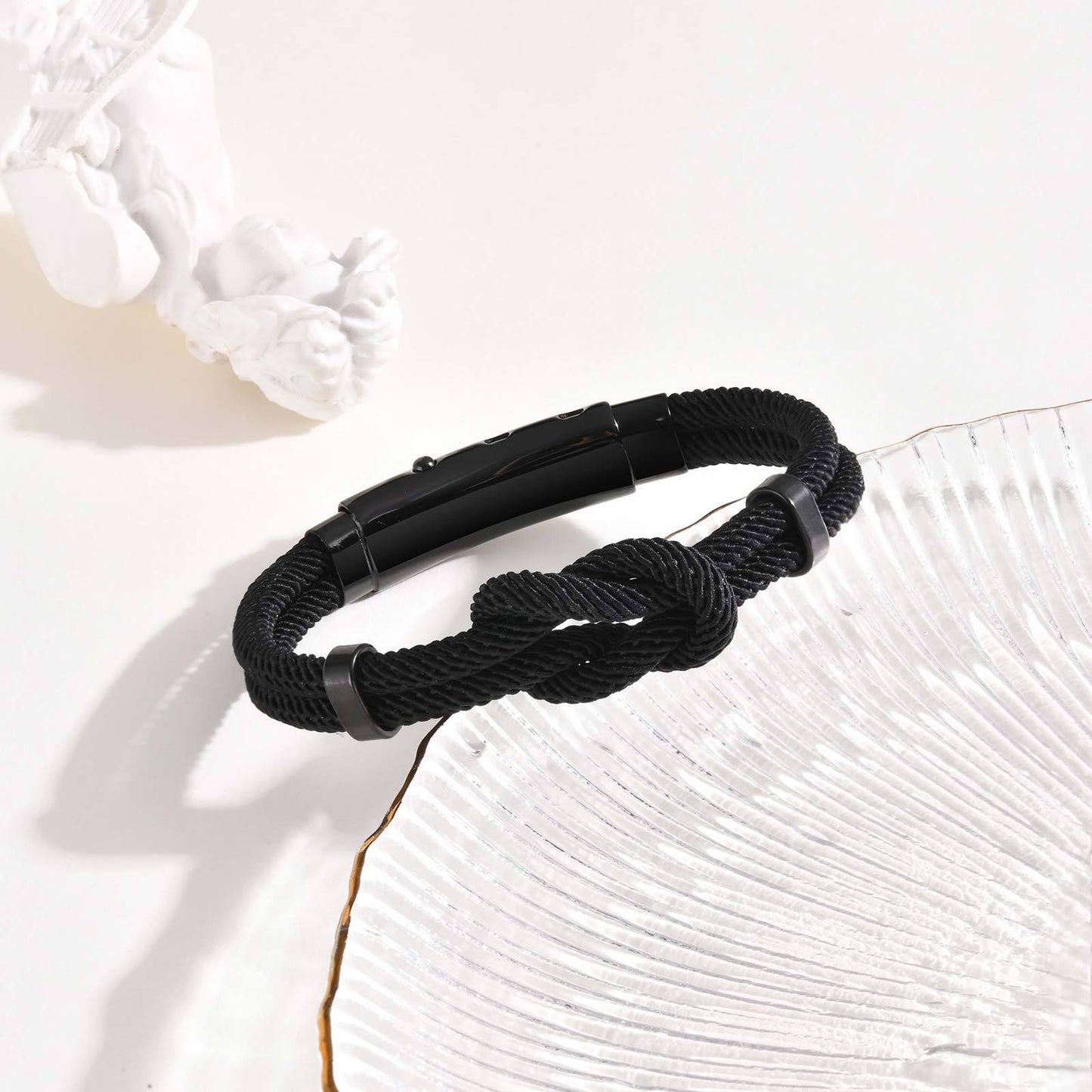 Kemstone Men’s Stainless Steel Infinity Knot Bracelet – Black Milan Cord BL-739