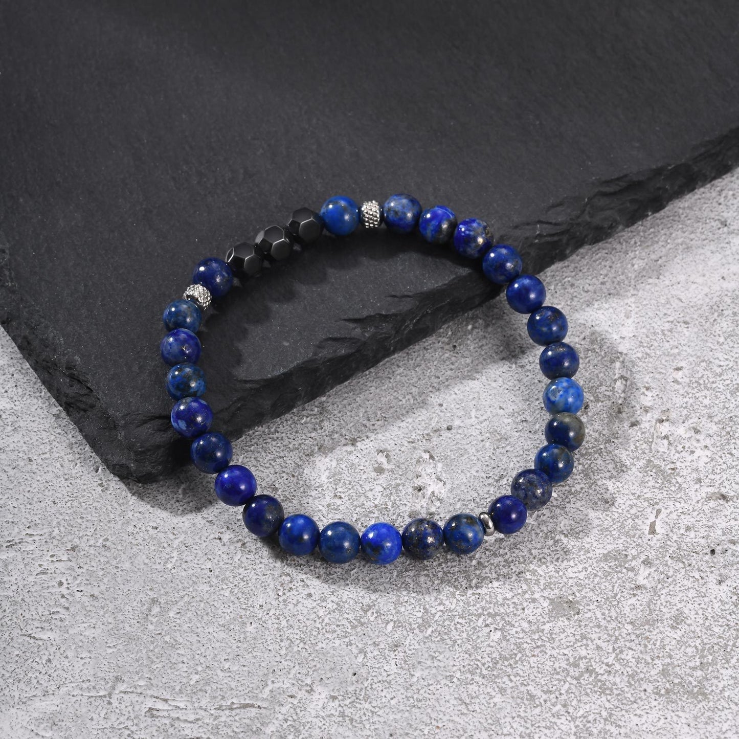 Kemston Lapis Lazuli Black Stone Beaded Bracelet for Men Stainless Steel Vintage Style BR-2917